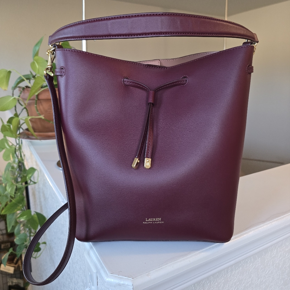 Lauren Ralph Lauren Burgundy Leather Drawstring Satchel - Picture 2 of 16